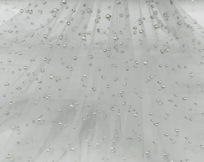 White, Scattered Pearls Studded Mesh, by the yard - 2 Way Stretch, Pearls On Mesh, Scattered Pearls on Mesh, Bead Wedding Bridal Dress