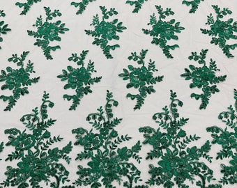 Hunter Green Floral Sequined Embroidery Lace Fabric - Bridal Wedding