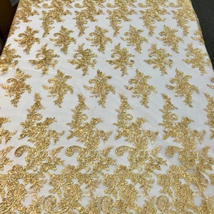 Gold Flower Lace Fabric - Floral Clusters Embroidered With sequins on a Mesh Lace Fabric Sold By The Yard