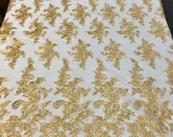 Gold Flower Lace Fabric – Sequined Floral Clusters Embroidered Mesh, Sold By The Yard