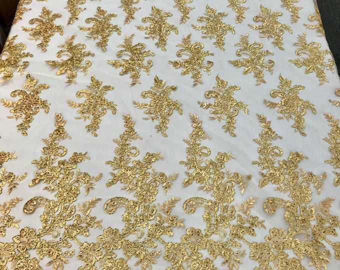 Gold Flower Lace Fabric - Floral Clusters Embroidered With sequins on a Mesh Lace Fabric Sold By The Yard