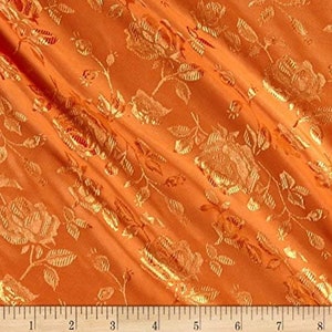 Orange Flower Brocade Jacquard Satin Fabric, Sold By The Yard Polyester Satin Floral Wide 58/60&quot;  (Choose The Quantity)