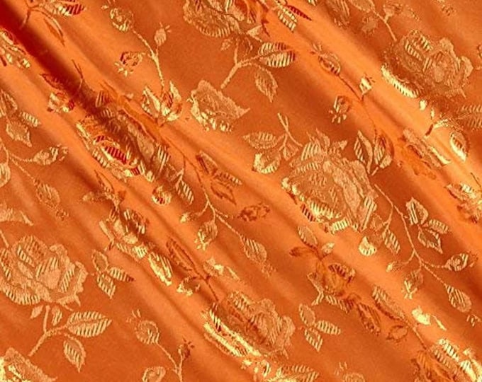 Orange Flower Brocade Jacquard Satin Fabric, Sold By The Yard Polyester Satin Floral Wide 58/60"  (Choose The Quantity)