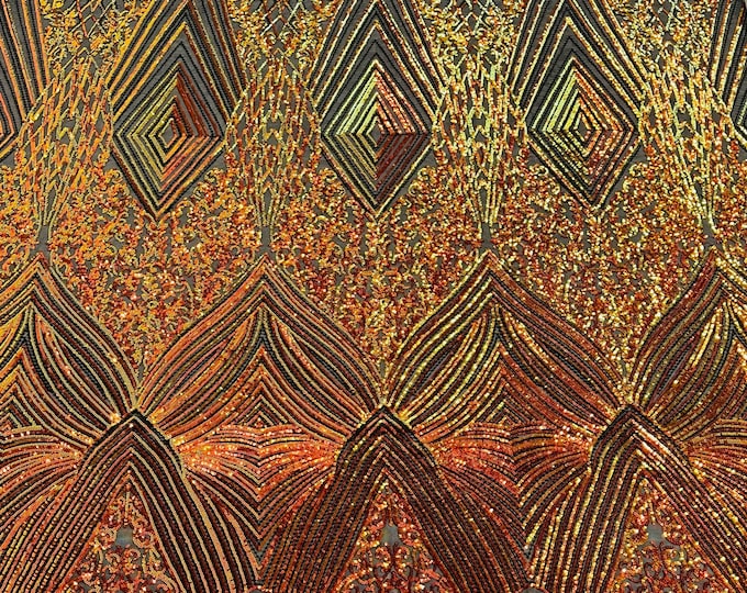Orange Iridescent 4 Way Stretch Geometric Sequins - Nova Design Triangular Fabric for Prom Gala Gown Sold By The Yard
