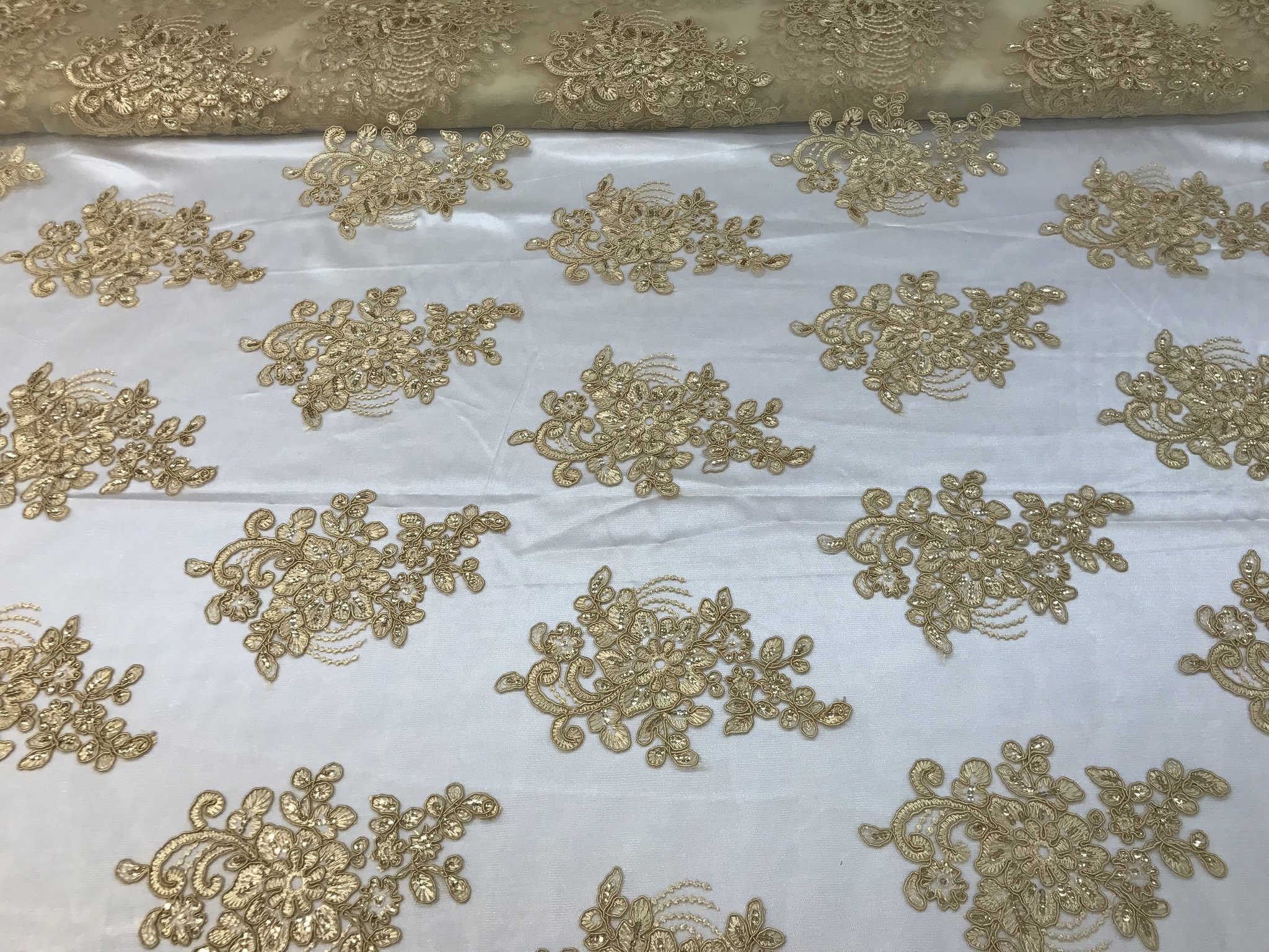 Flower Lace Fabric Gold Floral Clusters Embroidered Lace - Etsy