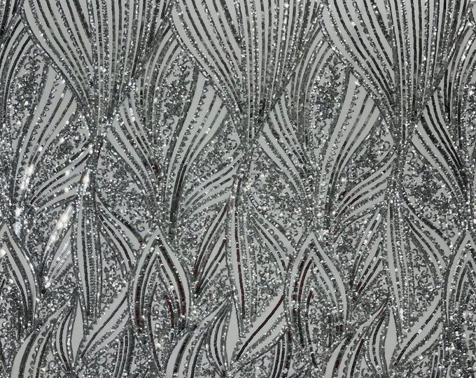 Silver Sequins Fabric 4 Way Stretch on White Mesh | Embroidered Damask Design With Sequin Lace Prom-Gown by the yard