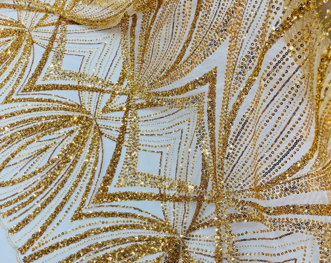 Gold Beaded Lace Fabric: Embroidered Mesh, Bridal Wedding Dress - Sold By The Yard
