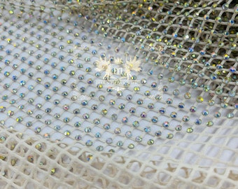 Iridescent Rhinestones Fabric by the yard On Ivory Stretch Net Fabric, Spandex Fish Net with Crystal Stones