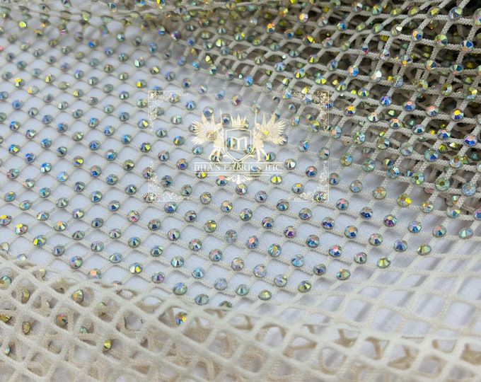 Iridescent Rhinestones Fabric by the yard On Ivory Stretch Net Fabric, Spandex Fish Net with Crystal Stones