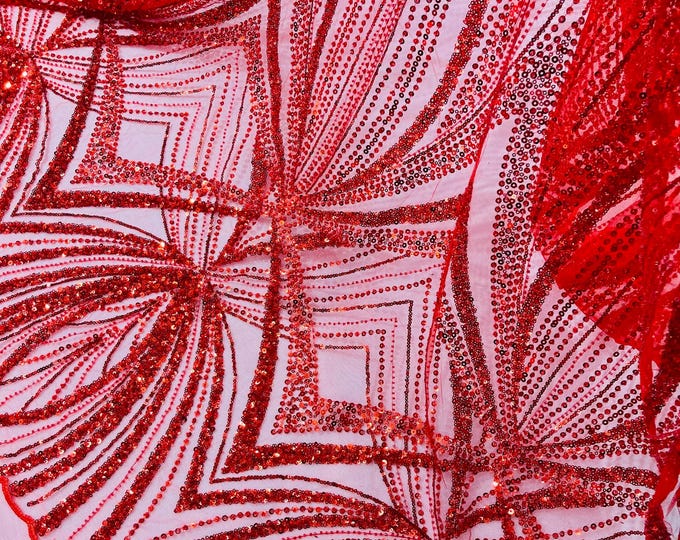 Red Beaded Lace Fabric: Embroidered Mesh, Bridal Wedding Dress - Sold By The Yard
