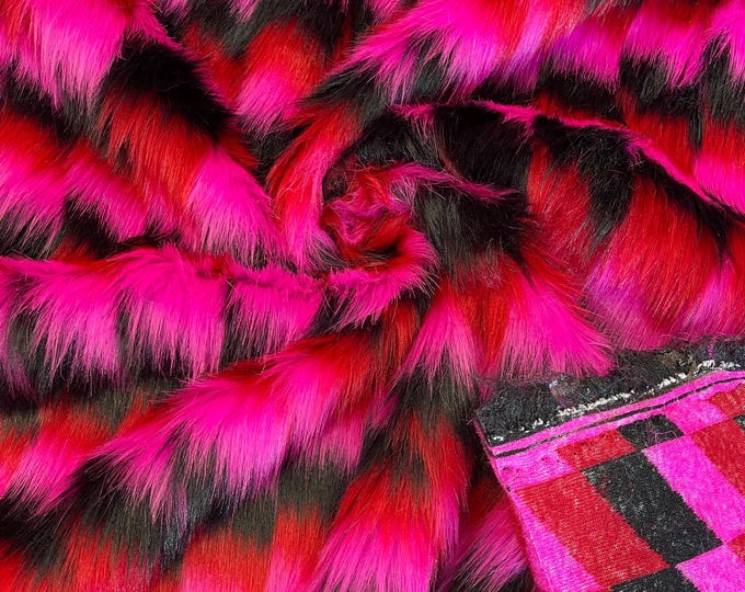 Hot Pink Red Black Faux Fur Fabric By The Yard - Faux Fake 3 Tone Decoration Soft Furry Fabric 60" Wide