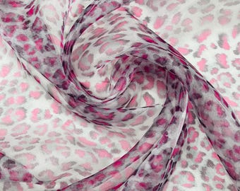 Pink Multi color Leopard Print Liquid Crystal, Organza Fabric Ultra Glossy Bridal Fabric