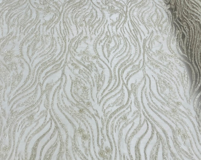 Off White Bridal Lace Beaded Fabric - by the yard - Embroidered Zebra Pattern With Pearls and Beads on a Mesh