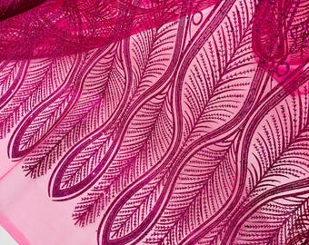 Hot Pink Glitter Sequin on Mesh Lace Fabric By The Yard for Wedding Decor, Damask Glitter Sequin Fabric Bridal/Prom, Shimmer Glitter