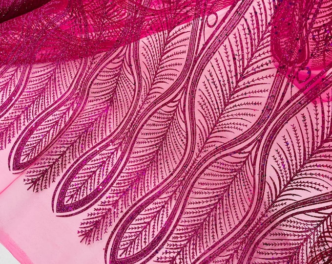 Hot Pink Glitter Sequin on Mesh Lace Fabric By The Yard for Wedding Decor, Damask Glitter Sequin Fabric Bridal/Prom, Shimmer Glitter