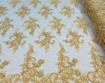 Gold Floral Embroidered Sequin Lace Fabric - Bridal Wedding Gown