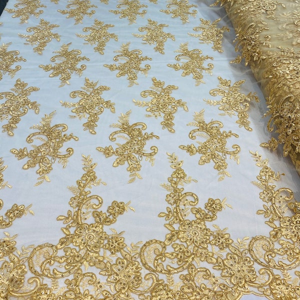 Gold Lace Fabric, Corded Flower Embroidery With Sequins on a Mesh Lace Fabric By The Yard For Gown, Wedding-Bridal-Dress