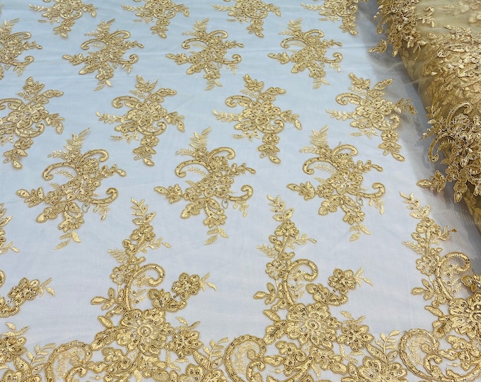 Gold Lace Fabric, Corded Flower Embroidery With Sequins on a Mesh Lace Fabric By The Yard For Gown, Wedding-Bridal-Dress