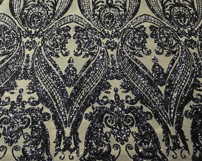 Navy Blue Sequin - 4 Way Stretch Fancy Big Damask Design Sequins on Spandex Mesh Prom Gala Gown Fabric By The Yard