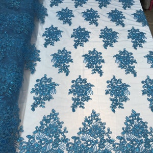 Flower Lace Fabric - Teal Floral Clusters Embroidered Lace Mesh Fabric Sold By The Yard
