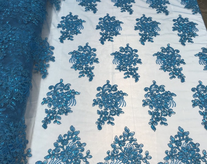 Flower Lace Fabric - Teal Floral Clusters Embroidered Lace Mesh Fabric Sold By The Yard