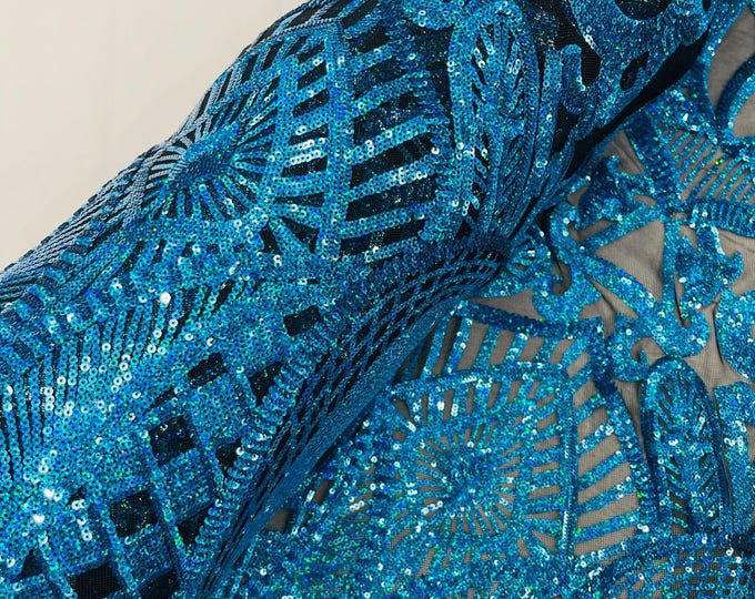 Turquoise Holographic Sequin Fabric | By The Yard | Black Mesh 4 Way Stretch Royalty Design Sequins on Mesh Prom Gala Gown Fabric