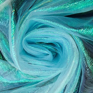 Mia&#39;s Fabrics Inc, Crush Iridescent Aqua Shimmer Organza Fabric 45&quot; Wide, Sells by The Yard