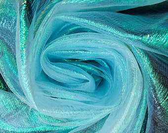 Mia's Fabrics Inc, Crush Iridescent Aqua Shimmer Organza Fabric 45" Wide, Sells by The Yard