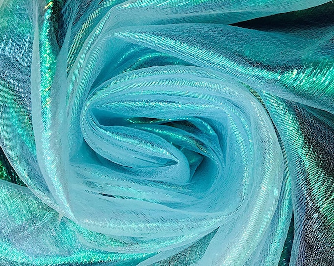 Mia's Fabrics Inc, Crush Iridescent Aqua Shimmer Organza Fabric 45" Wide, Sells by The Yard
