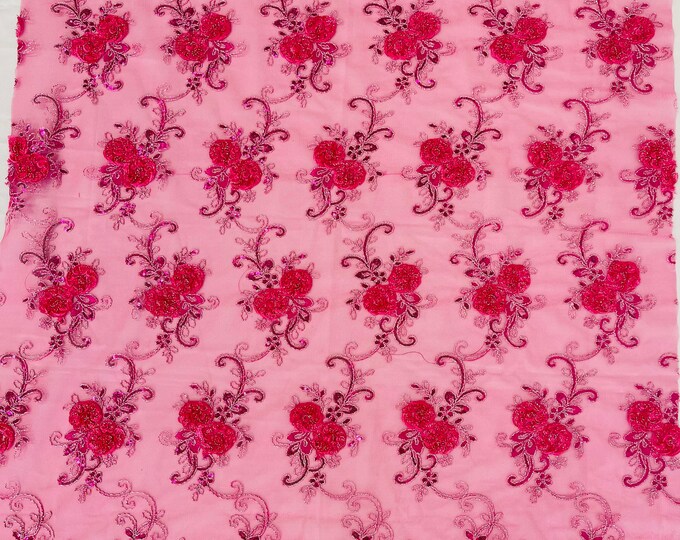Fuschia Floral Lace Fabric - By The Yard - Embroidery Flower With Sequins on a Mesh Lace Fabric For Gown, Wedding-Bridal