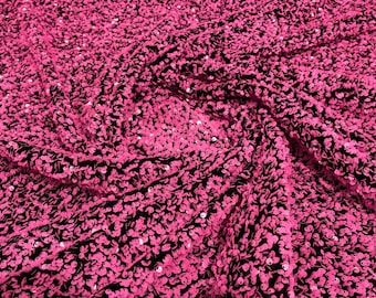 Neon Pink Sequin Black Stretch Velvet Fabric: 5mm Sequins, 2-Way Stretch