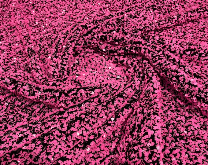 Neon Pink Sequin on Black Stretch Velvet With Sequins all Over 5mm Sequins 2-way Stretch 58/60” (Choose The Quantity)