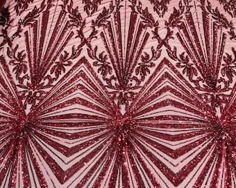 Burgundy Damask Sequined Fabric, Geometric Embroidered Power Mesh, 4-Way Stretch