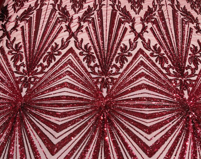Burgundy Damask Geometric Design 4 Way Stretch, Embroidered With Sequins On Power Mesh, By The Yard