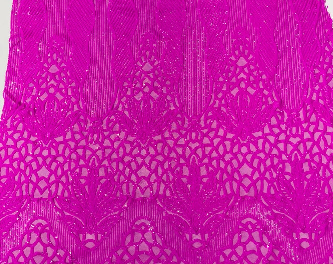 Neon Magenta Sequin Fabric | Floral Damask Design on a 4 Way Stretch | Sequins Lace | Spandex Fabric For Prom-Gown By The Yard