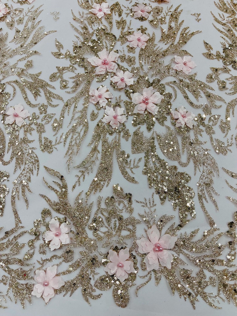 Rose Gold Glitter Floral Mesh, Glitter 3D Flower Sequin Fabric, Wedding ...
