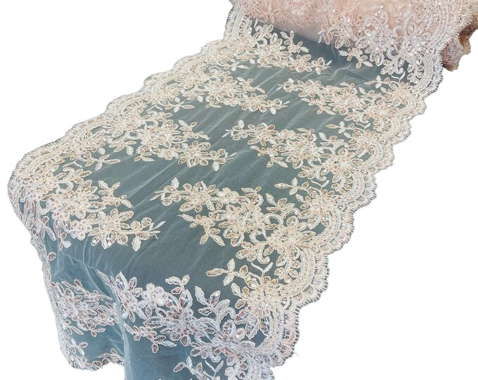 Baby Blue Floral Lace Fabric For Runner 14” Inch - by the yard - Embroidery With Sequins on a Mesh Lace Fabric For Wedding