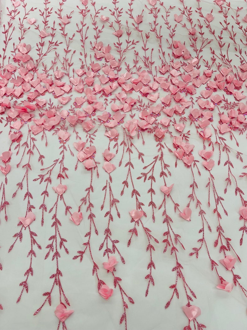 Candy Pink 3D Flower Glitter Sequin Fabric by the Yard, Pink 3D Floral ...