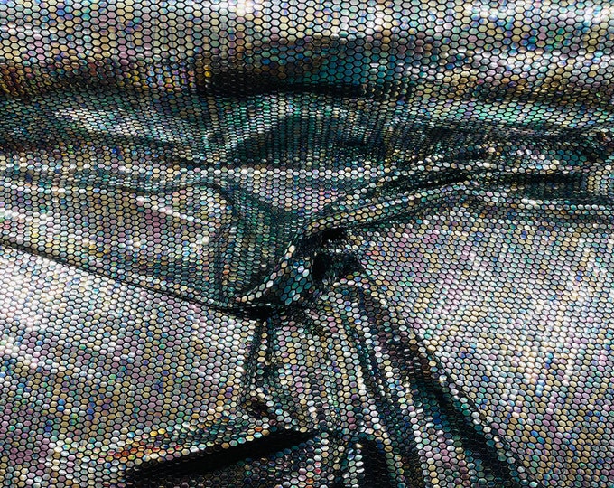 Honeycomb Foil Fabric - Iridescent Black - Hexagon Print On Black Spandex Fabric By The yard, (Choose The Size)