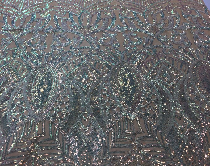 Iridescent Clear/Pink Sequins Lace Fabric On Mesh, Royalty Design Embroidered On 4way Stretch Sequin By Yard -Prom-Gown ( Choose The Size )