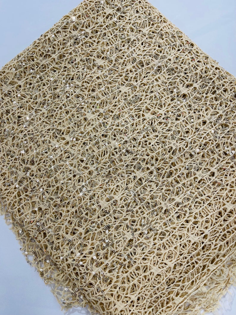 Beige Fish Net Fabric, Cast Net Design Champagne Sequins Embroidery on ...