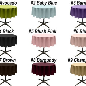May include: Nine round tablecloths in different colors, numbered 1 through 9. The colors are avocado, baby blue, purple, black, blush pink, blush, brown, burgundy, and champagne.