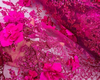 Fuchsia 3D Flower Sequin Fabric: Glitter Floral Mesh, Wedding Dress
