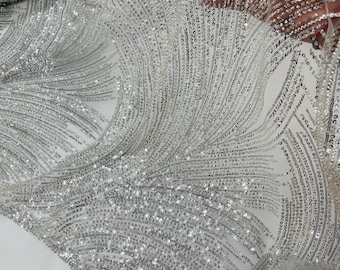 Silver Beaded Mesh Fabric, Wavy Embroidered Beads and Sequins, Bridal Wedding Dress