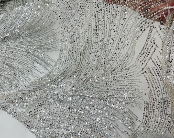 Silver Beaded Mesh Fabric, Wavy Embroidered Beads and Sequins, Bridal Wedding Dress