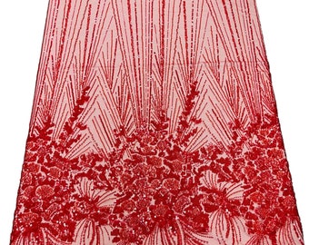 Red Beaded Floral Damask Fabric: Bridal Wedding Appliqué Lace