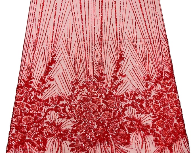 Red Beaded Fabric by the yard, Bridal Wedding beaded, Floral Damask Pattern With Beads and Sequin, Appliqué lace for bridals