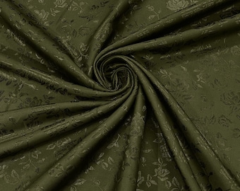 Olive Green Floral Brocade Jacquard Satin Fabric - 58/60" Wide