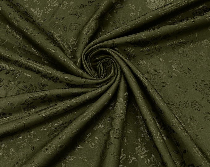 Olive Green Flower Brocade Jacquard Satin Fabric, Sold By The Yard Polyester Satin Floral Wide 58/60"  (Choose The Quantity)