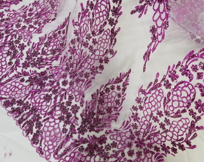 Lilac Silver Rhinestones Glitter Fabric on a Mesh By The Yard | Geometric Damask Glitter Rhinestones on Mesh Fabric, Wedding Bridal/Prom